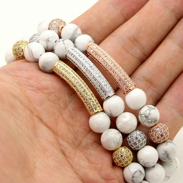 Moda uomo donna gioielli all'ingrosso 8mm bianco howlite marmo pietra micro intarsio trasparente braccialetti con perline tubo cz