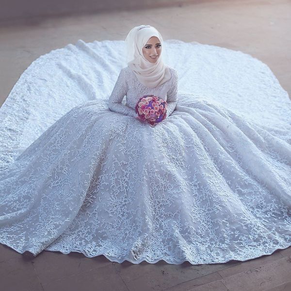 Arabric Muslimische Art Vintage Brautkleider High Neck Lange Ärmel Hochzeit Kleider Stickerei Gericht Zug ohne Schleier Brautkleider Benutzerdefiniert