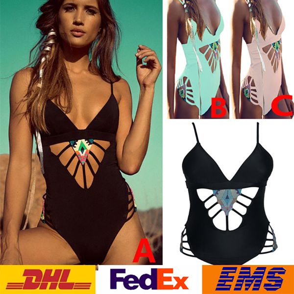 

dhl new swimwear one piece swimsuit brazil badage ethinic style spaghetti strap maillot de bain hollow out padded swimwear wx-s03, White;black