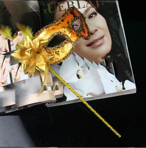 

hand made party mask with stick wedding venetian half face flower mask halloween masquerade mask princess dance party mask 7 color