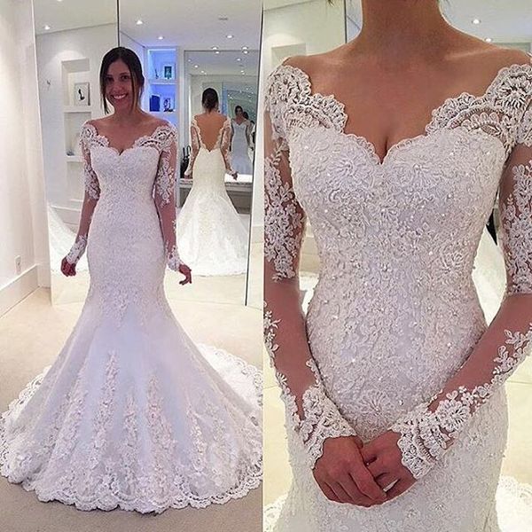 

long sleeve wedding dress mermaid lace off-the-shoulder low v back court train beaded tulle satin open back white bridal gowns