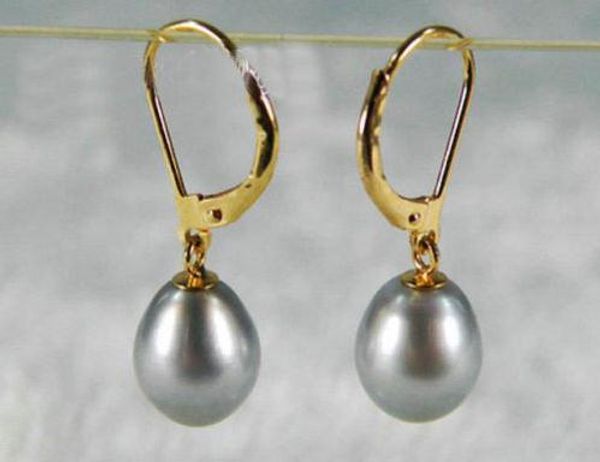 

huge silver gray 9x12 mm fine drop south sea pearl dangle earring 14k gold, Golden