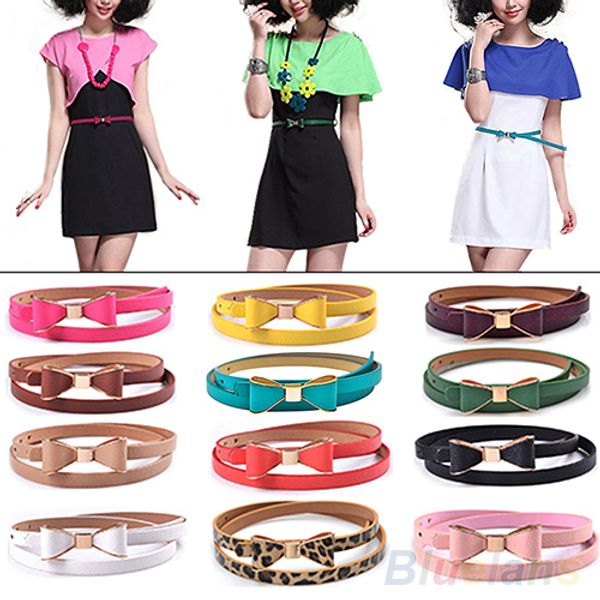 

wholesale-2016 ashion women's candy color big bowknot pu leather thin skinny waistband belt 8qn9, Black;brown