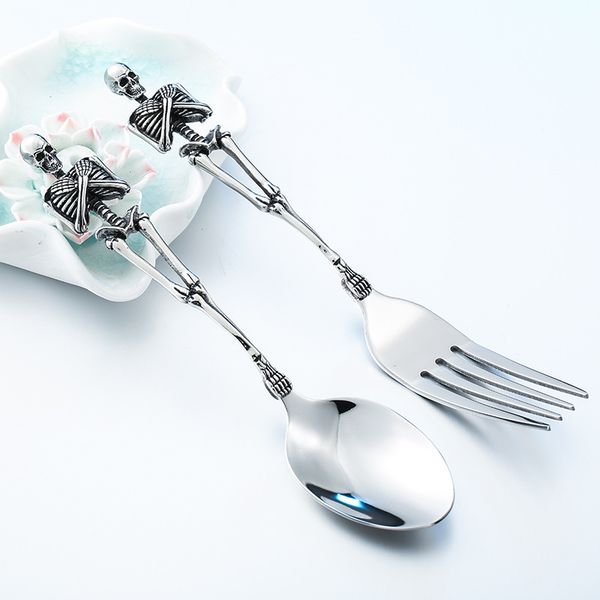 

retro stainless steel tableware crafts vintage wholesale titanium steel skeleton dumplings spoon/fork vintage halloween skull cutlery