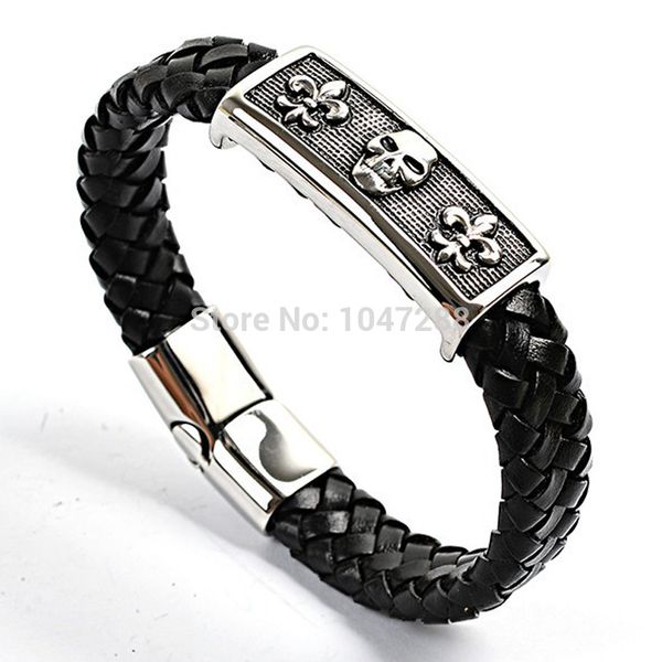 

Popular Fashion Men's Jewelry Vintage Weave Skull Gothic Stainless Steel Leather Bracelet Magnetic Clasp Punk Bracelets