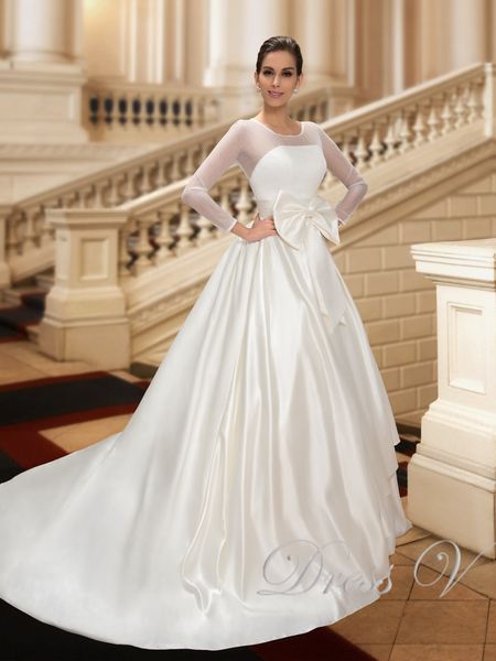 

Modest Wedding Dresses with Pocket 2019 Scoop Neck Bowknot Sheer Long Sleeves Chapel Train Bridal Gowns Vestidos de Novia free shipping