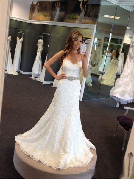 

new arrival strapless crystal lace mermaid wedding dress bridal gown plus size wedding dress, White