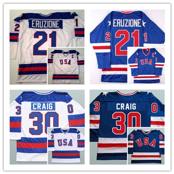 Uomo Retro 1980 USA Maglie da hockey su ghiaccio 17 Jack Ocallahan 21 Mike Eruzione 30 Jim Craig Sticthed Blu Bianco Taglia alternativa S-3XL