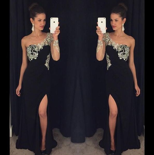 

one shoulder beaded crystal prom dresses long sleeve see through back black prom dress