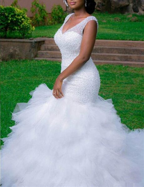 

new luxury design mermaid wedding dress sleeveless v neck beaded ruffles tulle 2019 gorgeous bridal gowns court train custom size, White