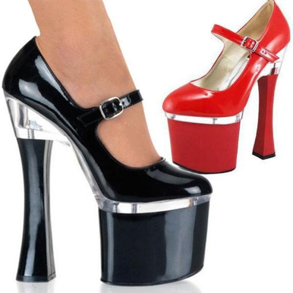 

customize leather pump extreme high heel 18cm platform women shoes fetish high heels patent pump with buckle d0180, Black