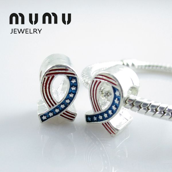 

100pcs silver plated beads breast cancer awareness usa flag red ribbon beads charms fits european jewelry snake charms bracelets, Black