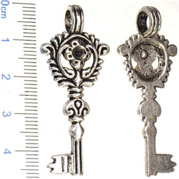 

jewelry findings diy vintage charms necklaces pendant antique silver metal key shape single slider crystal set jewelry making 46*20mm 50pcs, Bronze;silver