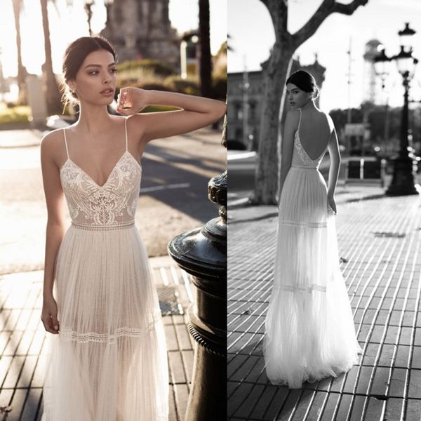 

gali karten 2018 beach wedding dresses backless bohemia spaghetti neckline lace appliqued bridal gowns floor length long bride dress, White