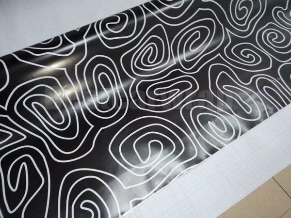 Vinile Camoufalge nero stile cerchio bianco per pellicola avvolgente per auto Pellicola CAMO senza bolle d'aria per grafica camion / barca Foil 1.52X30M (5x98ft)