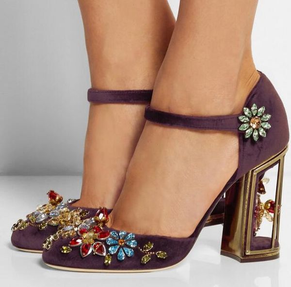 Floral Rhinestone High Heels Woman Mary Jane Pumps Handmade