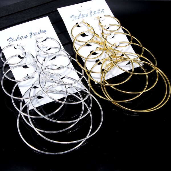 

30mm 40mm 50mm 60mm 70mm 80mm exaggeration large size ear ring 6 pairs / sets personality large hoop huggie earrings, Golden;silver