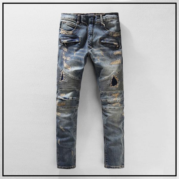 

2016 pb famous brand designer brand jeans casual mens jeans ripped jean biker skinny men pants vaqueros hole jean pantalones hombre patchwor, Blue