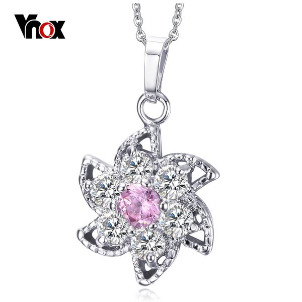 

new vnox women's pendants necklaces pink crystal imitation platinum pendants for women party jewelry with flower design, Silver