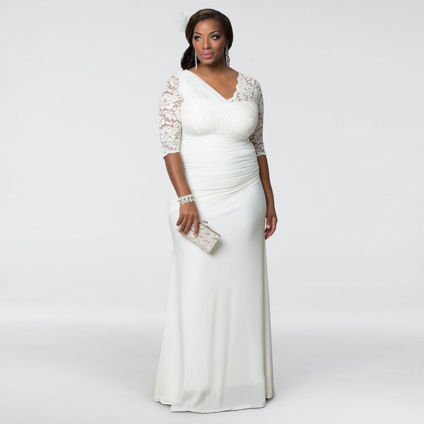 Elegante scollo a V Plus Size Abito da sposa 19150906 Mezze maniche in pizzo e chiffon Lunghezza pavimento Abito da sposa vestido de noiva sereia sexy