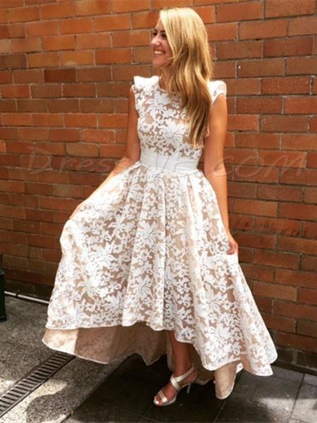

elegant scoop neck lace high low bridesmaid dress party prom dresses robe de mariage ivory and champagne contrast color cap sleeves maid, White;pink