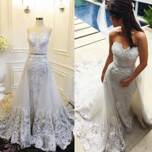 

vestidos de nnovia mermaid overskirts wedding dresses sweetheart 2018 new lace appliqued beads bridal gowns plus size robe de mariÃ©e, White