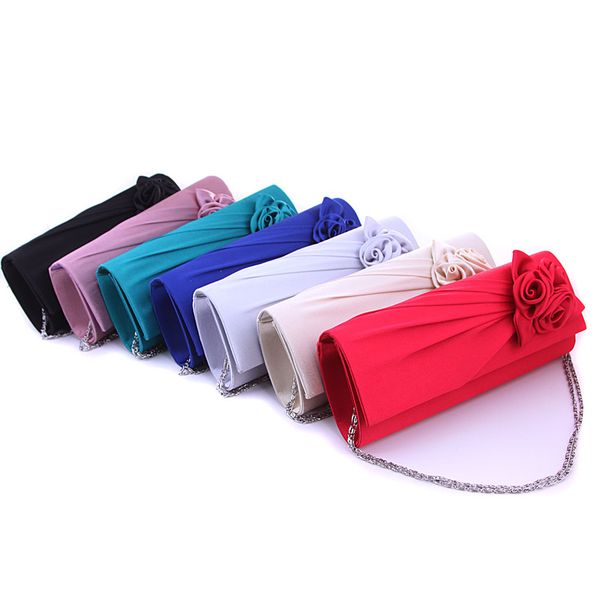 

women satin bridesmaid wedding bag rose flower ruched clutch purse banquet party evening handbags with chain