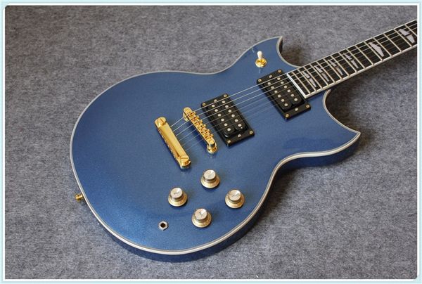 Новое поступление Sparkle Metallic Blue Finith Double Cutaway SG Johnny Электрическая гитара с толчкой / вытягивающим горшком