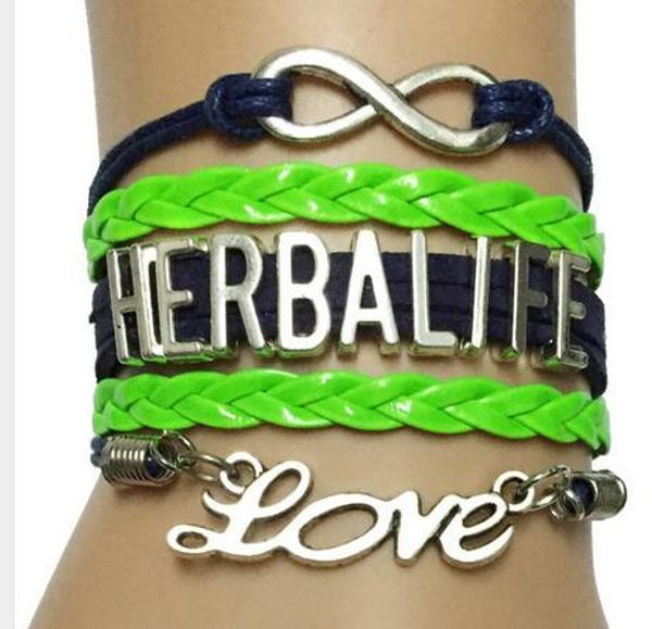 

sale diy charm new infinity love herbalife bracelet- handmade blu with neon green leather braided retro strand bracelet bangle gift, Golden;silver