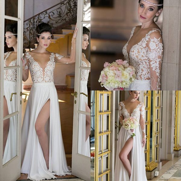 

2017 new simple sheer tulle long sleeves appliques lace wedding dresses side slit a line bridal gowns custom made, White