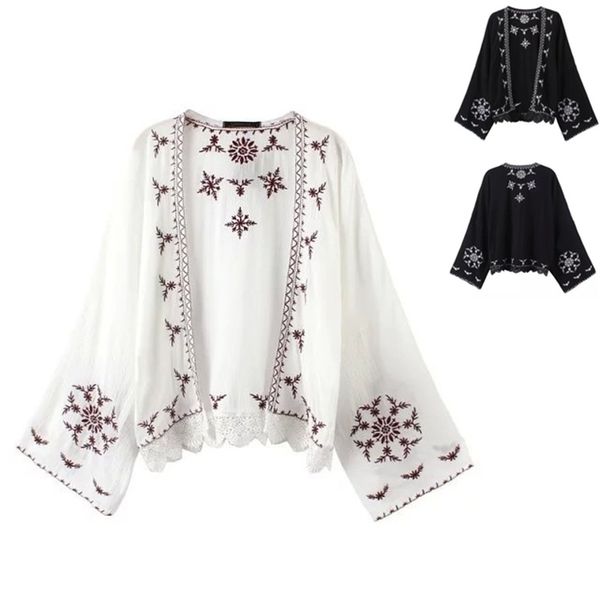 

плюс размер цветочные вышитые женщины кимоно кардиган с длинным рукавом блузки свободные топы женская одежда куртка для женщин, Black;brown