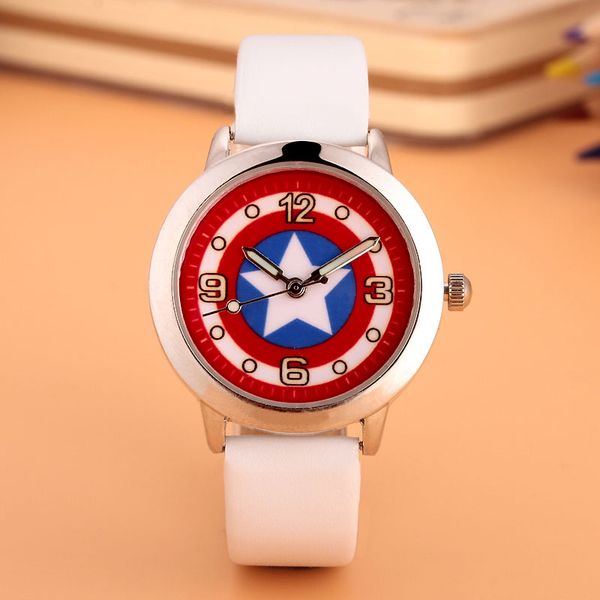 

Cartoon Beautiful girl Captain America shield style Color number dial children students girl's leather quartz watch