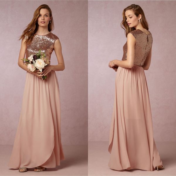 Duas peças Bhldn lantejoulas vestidos country barato jóia pescoço boné manga varredura trem plus size longo vestido de dama de honra