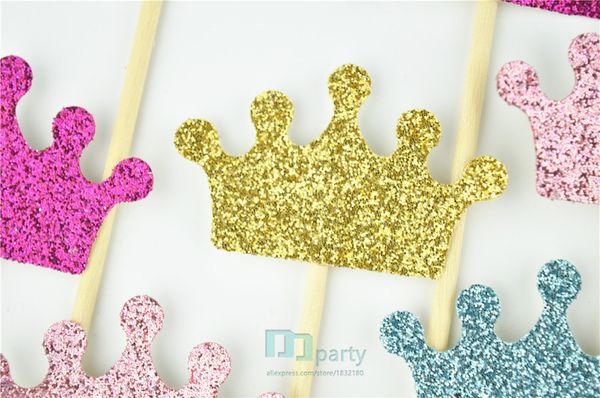 Atacado-coroa cupcake toppers, coroas de glitter, decorações de festa de princesa, aniversário do príncipe, rosa e ouro, cores personalizadas, chá de bebê