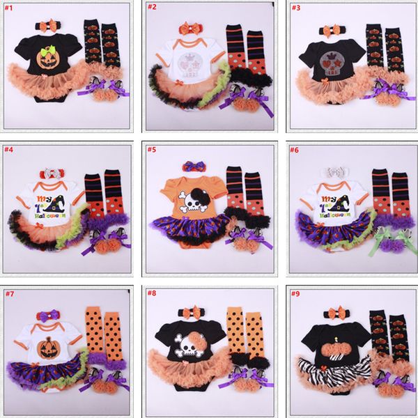 Set di abbigliamento per feste di Halloween per bambini Set di 4 pezzi di pizzo Set di pagliaccetti per battesimo con volant di zucca per ragazze Abiti per neonati 0-12M