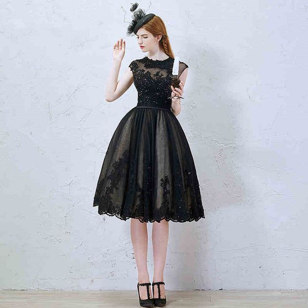 

урожай дизайн короткие черные платья выпускного вечера cap рукавом драгоценности шеи бисера кружева тюль линии длиной до колен партии платья, Black
