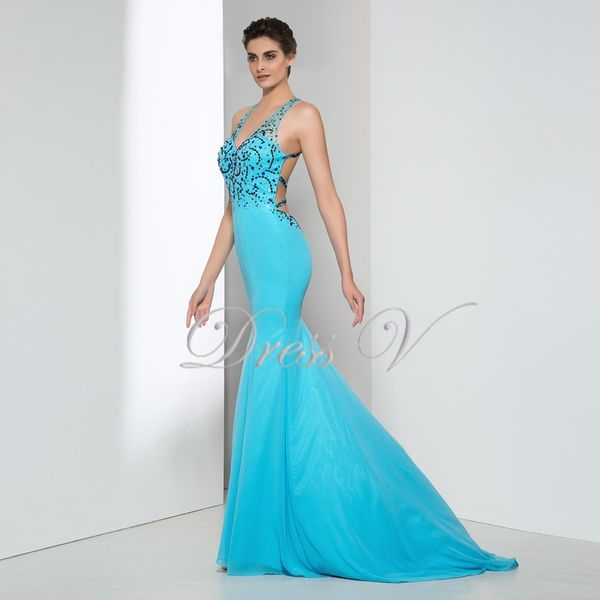

2019 Fashion Ice Blue Backless Mermaid Evening Dresses Chiffon Deep V-Neck Beads Criss Cross Long Formal Dress Sexy Party Prom Gowns