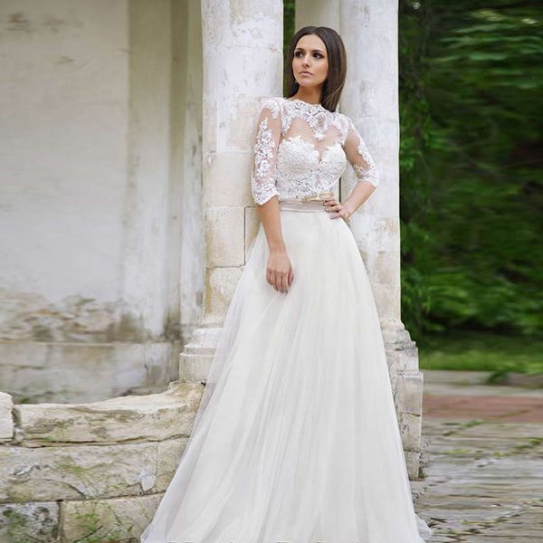 

elegant a-line wedding dresses backless half sleeves sheer neck appliques lace boho bridal gowns vestido de novia, White