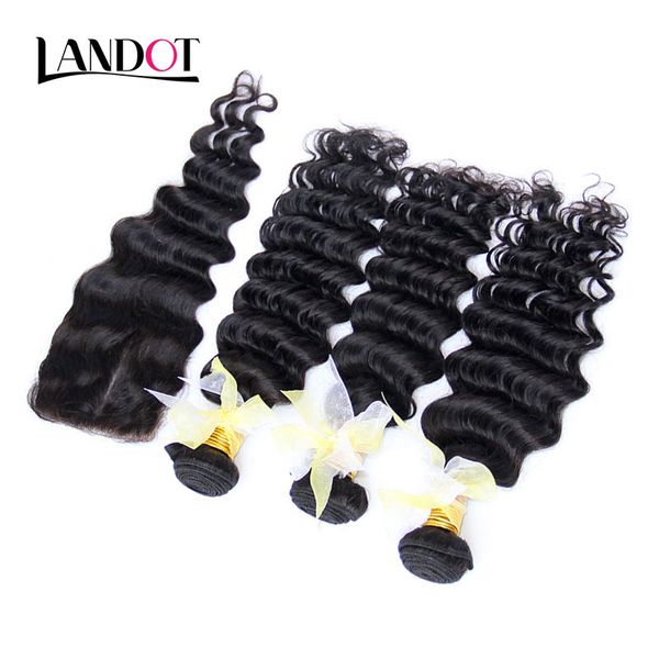 Onda Profunda malaio Encaracolado Virgem Do Cabelo Humano Tece Com Fechamento 4 Pcs Lote Não Transformados 7A Malaio Cabelo Profundo Encaracolado feixes E Fechamentos Rendas