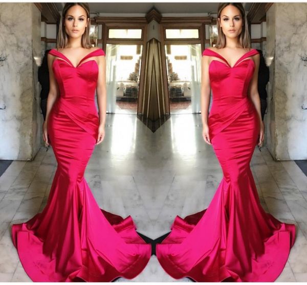 

elegant pink off shoulder evening dresses 2017 satin ruffles mermaid prom dresses backless sweep train pageant party dresses formal wear, Black;red