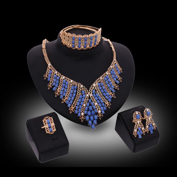 

jewelry sets 2016 luxury royal style blue beads wedding jewelry sets 18k gold plated party jewelry 4-piece set wholesale drop shipping js080, Slivery;golden