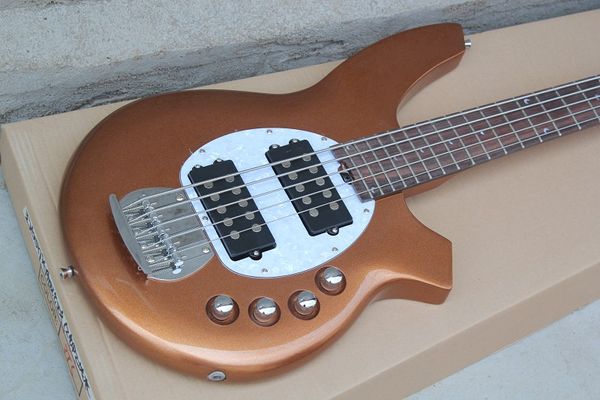 Bongo Music Man 5 Strings Bass Erine Topu StingRay Altın Elektro Gitar 9V Pil Aktif Pikaplar Beyaz Pickguard Krom Donanım