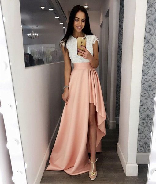 

white lace high low prom dresses short sleeves simple evening party gowns dress for garduation, Black