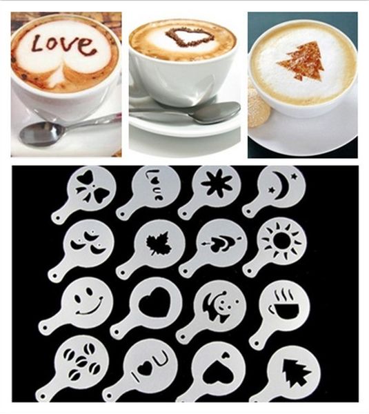 16 teile/satz Kaffeemaschine Kaffee Werkzeug Form Cafe Kunst Barista Schablonen Vorlage Streu Pad Duster Spray Druck Form Kaffee Gesundheit Werkzeuge