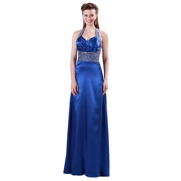

Halter Neck Evening Dresses Royal Blue Sain Luxury Beading Dress Robe de Soiree Long Evening Gowns 2019 Formal Prom Dresses Custom Made