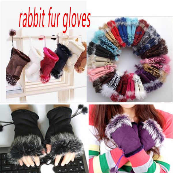 

fashion winter warm girl leather rabbit hand warm winter winter fingerless gloves w017, Blue;gray
