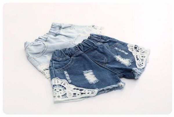 

girl summer denim trousers children pants for girls jeans shorts with laces ripped beach factory sale child clothing wave, Black