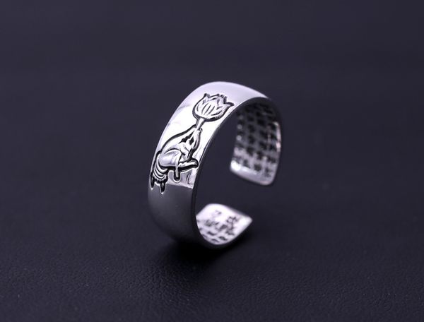 

selling 100% real 925 sterling silver ring buddhist heart sutra open band ring for men chinese character ring with jewelry