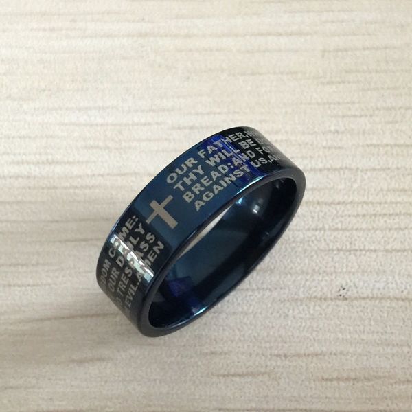 Solitaire Ring Blue Men Men English Bible Ring 8mm 316 Titanium Steel Cross Letter Baia de casamento O Senhor das Mulheres