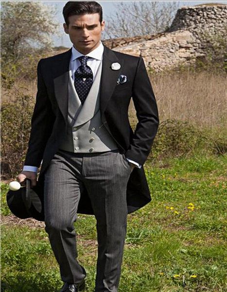 

wholesale- morning style one button black groom tuxedos groomsmen mens wedding suits formal dress (jacket+pants+vest+tie) no:094, White;black